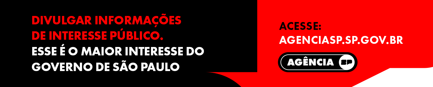 Imagem com fundo preto e vermelho contendo o texto: Divulgar informações de interesse público. Esse é o maior interesse do governo de São Paulo. Acesse agenciasp.sp.gov.br